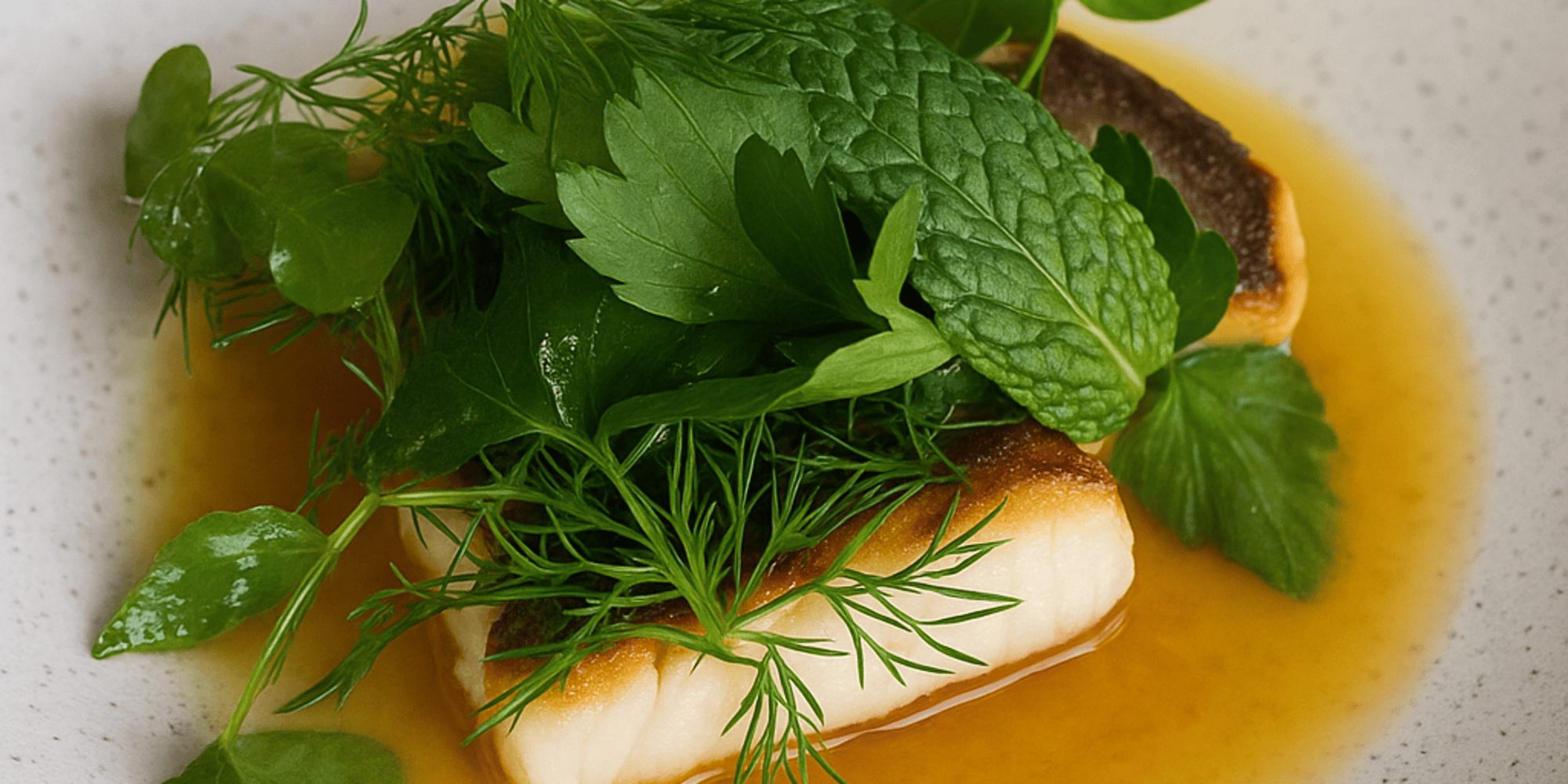 A plate of cooked fish with crispy skin, served in a light broth and topped with fresh green herbs including mint, dill, parsley, and watercress.