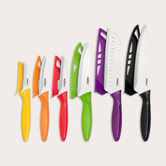 The Zyliss 6 Piece Knife Set includes six kitchen knives with color-coded handles—yellow, orange, red, green, purple, and black—each with a matching sheath for safe food prep. Handles are arranged from smallest to largest on a light background.