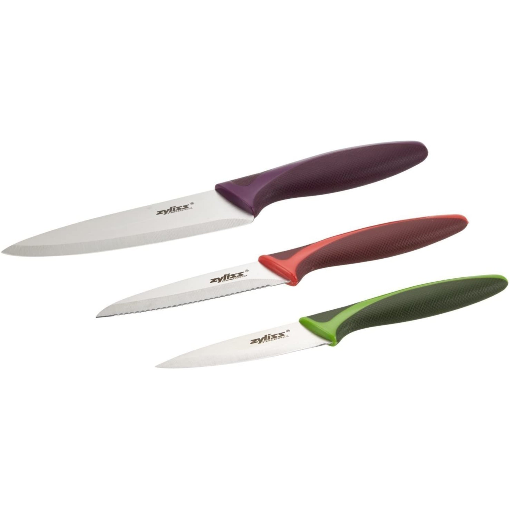Three kitchen knives with different colored handles—purple, red, and green—are arranged side by side, each with a stainless steel blade, against a white background.