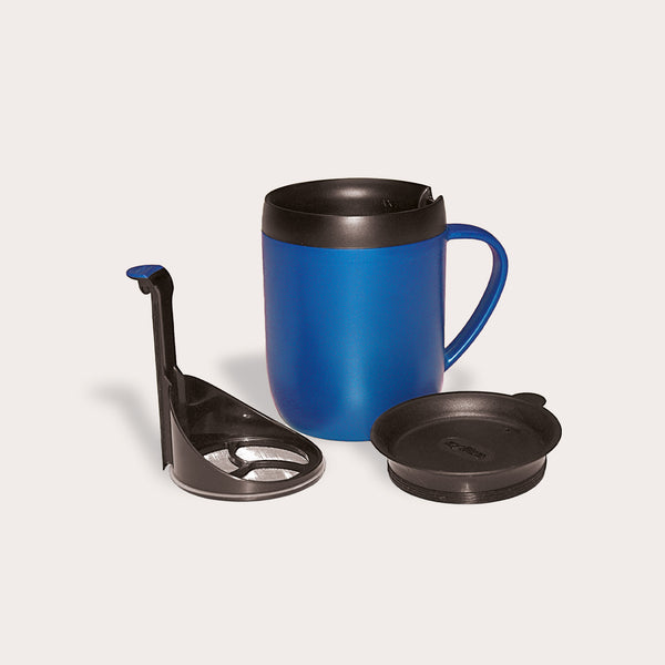 The Zyliss Hot Mug Cafetière Mug is a blue travel mug with double-wall insulation, a handle, black lid, and removable black and silver tea infuser—ideal for coffee lovers on the go. #blue