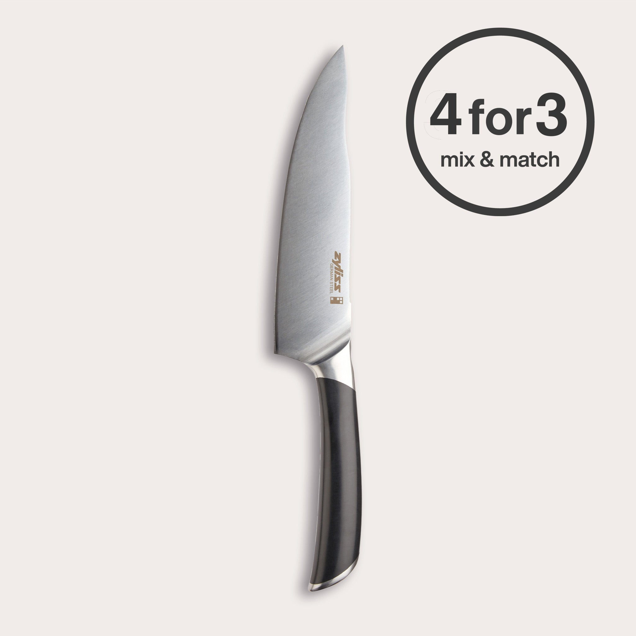 The Zyliss Comfort Pro Chef's Knife 20cm/8" with an ergonomic black handle stands vertically on a light background. A circular label in the top right reads "4 for 3 mix & match".
