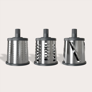 #drumgraterset The Zyliss Gourmet Drum Grater includes three interchangeable stainless steel attachments with plastic tops for fine grating, coarse grating, and slicing—a versatile cheese grater set for any kitchen.