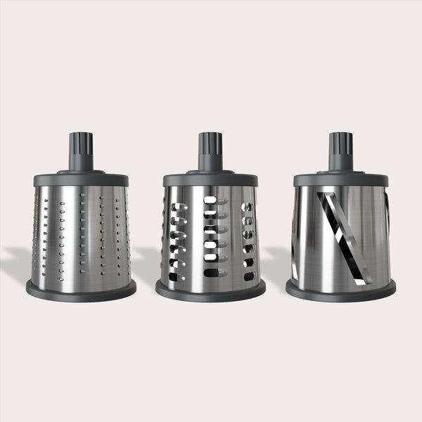 #drumgraterset The Zyliss Gourmet Drum Grater includes three interchangeable stainless steel attachments with plastic tops for fine grating, coarse grating, and slicing—a versatile cheese grater set for any kitchen.