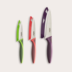 The Zyliss 3 Piece Knife Set includes three knives in green, red, and purple with matching blade covers—versatile essentials for any kitchen.