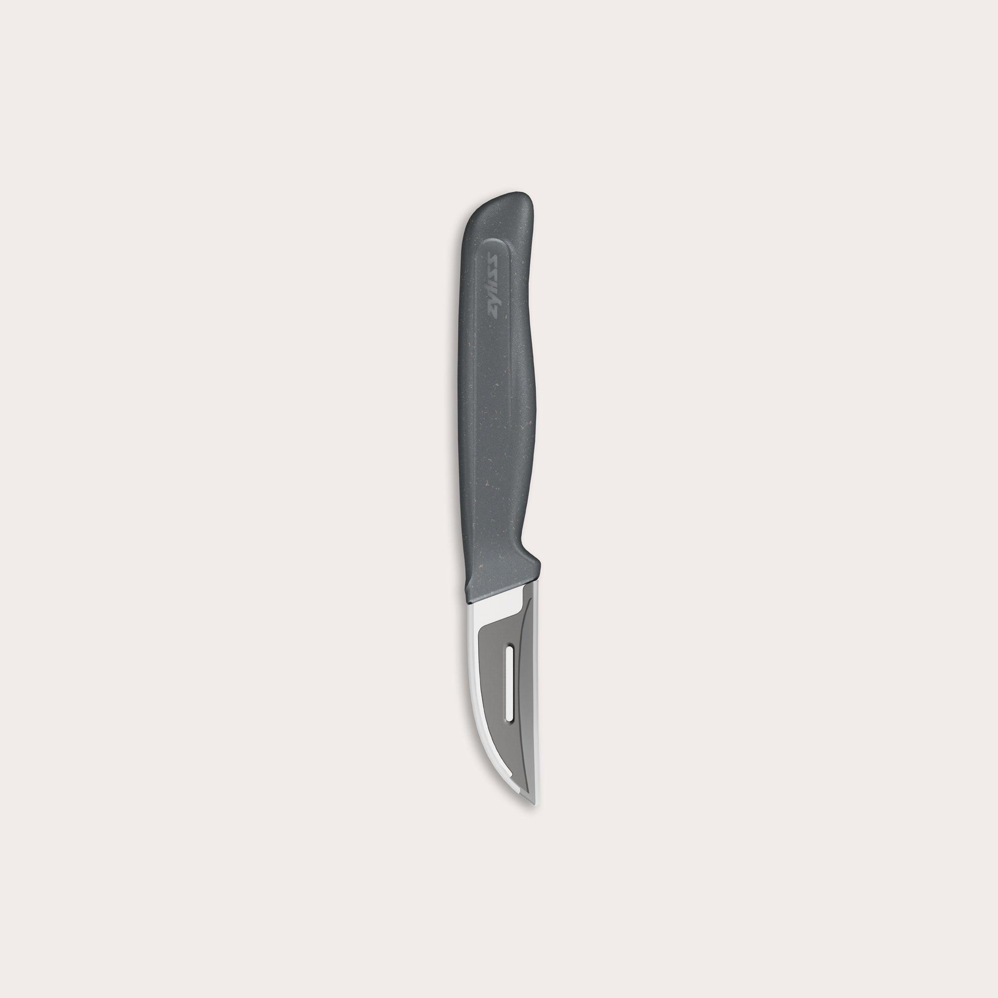 A paring knife with a dark gray handle and a short, curved stainless steel blade, isolated on a plain light background.