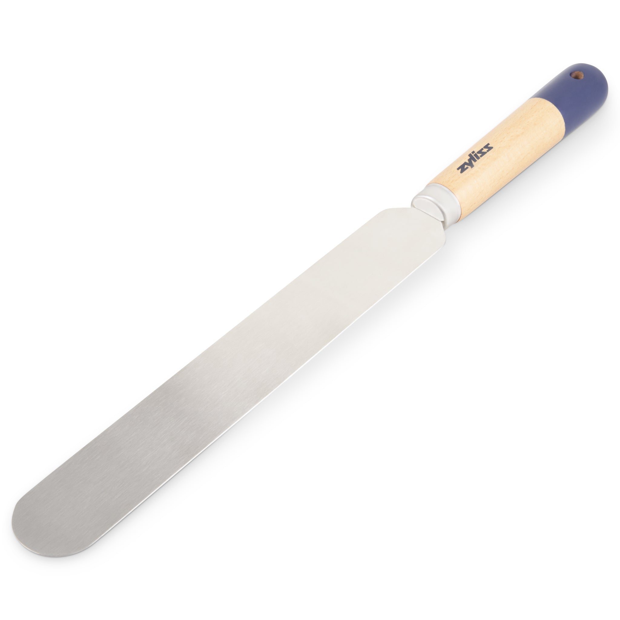 A metal offset spatula with a long, flat, rounded blade and a wooden handle featuring a blue tip.