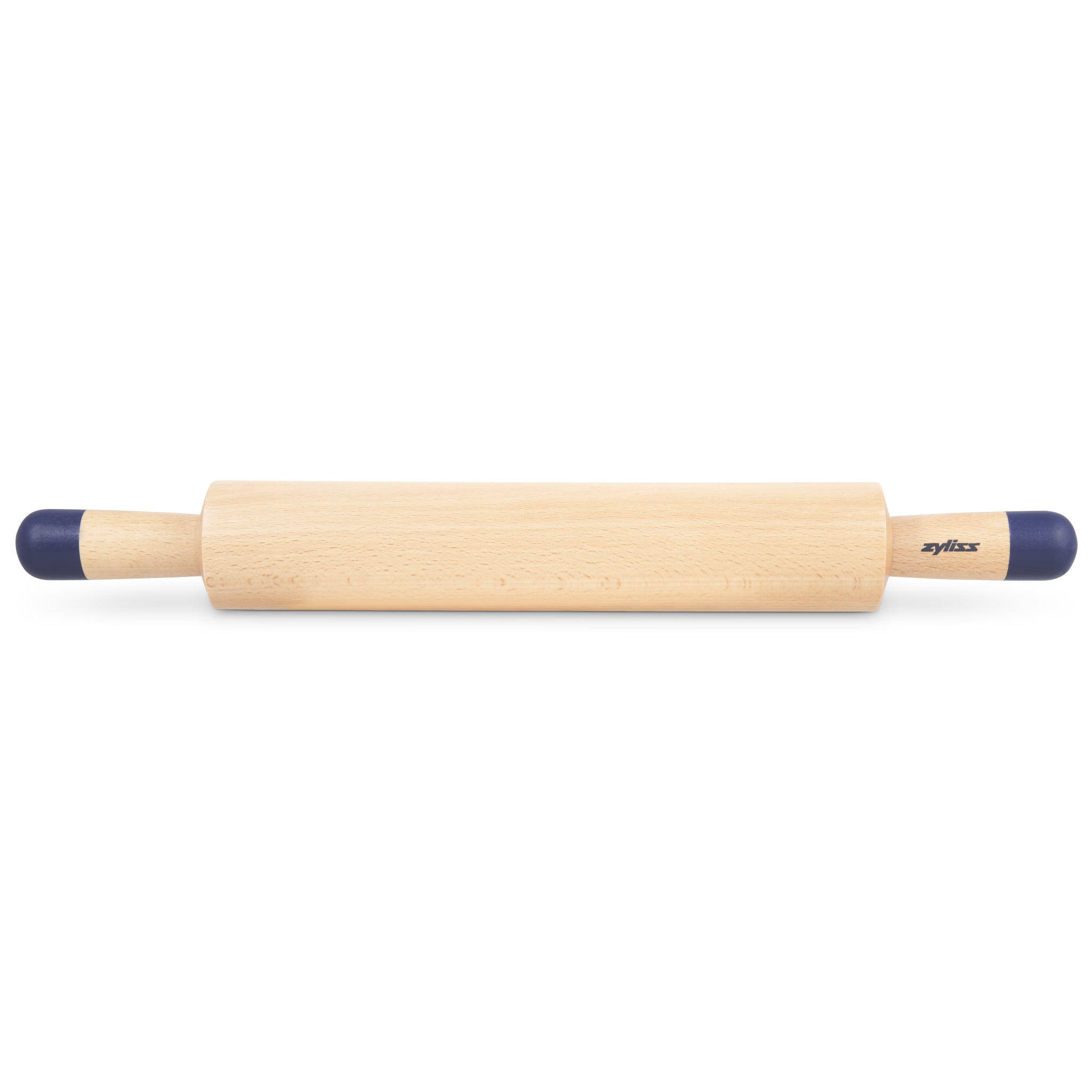 A wooden rolling pin with dark blue handles on both ends, lying horizontally on a white background.