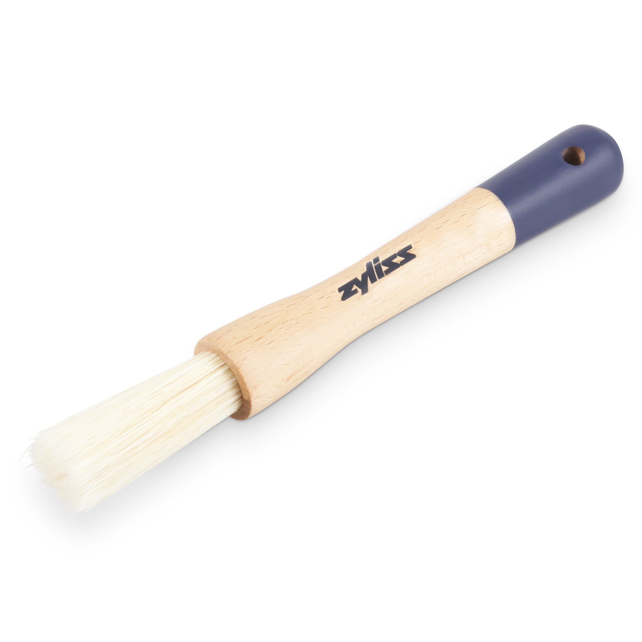 A pastry brush with a wooden handle, blue tip, and white bristles. The handle has the Zwilling logo printed on it and a hole at the end for hanging.