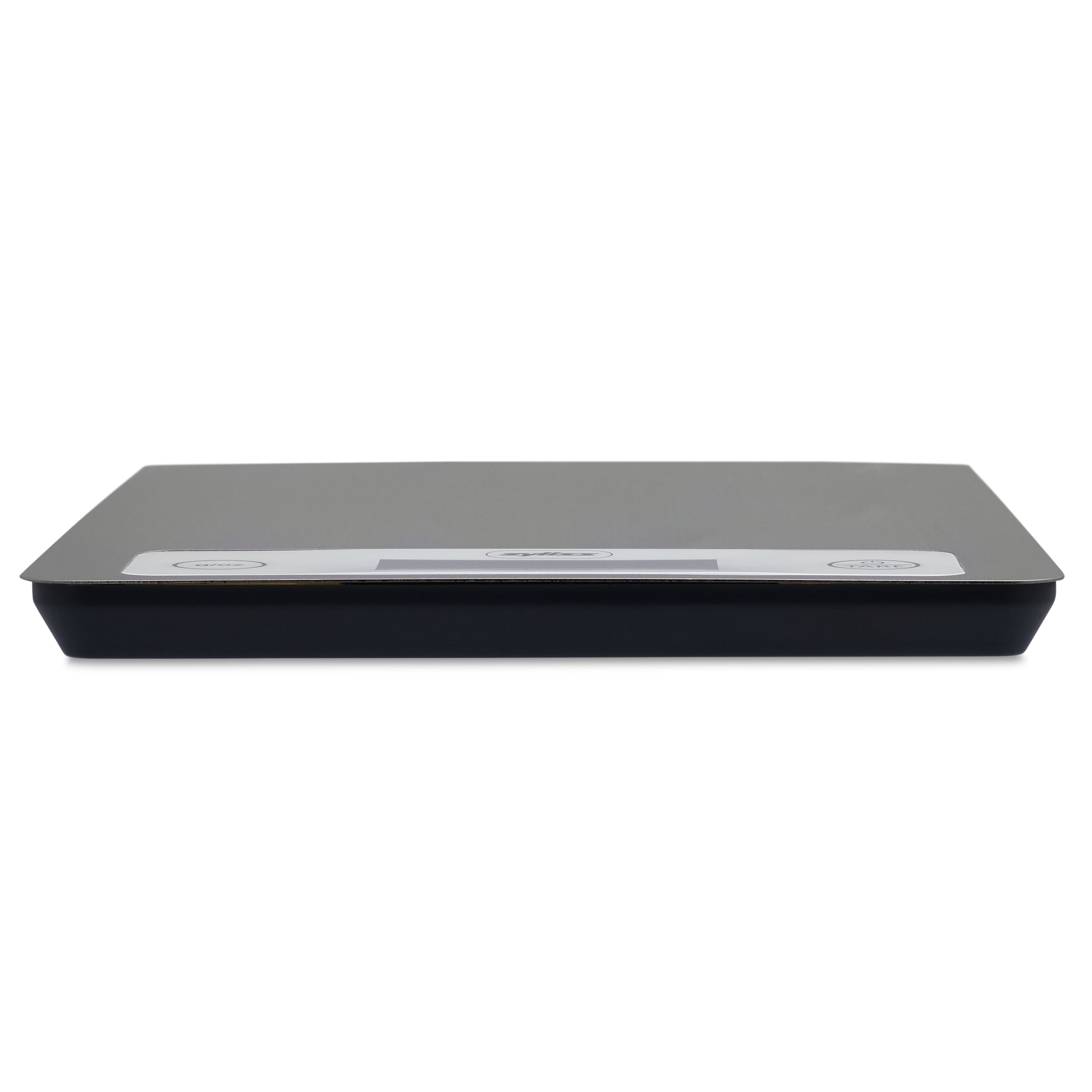 A black and silver rectangular vacuum sealer machine viewed from the front, with a flat top and a control panel featuring buttons along the center.