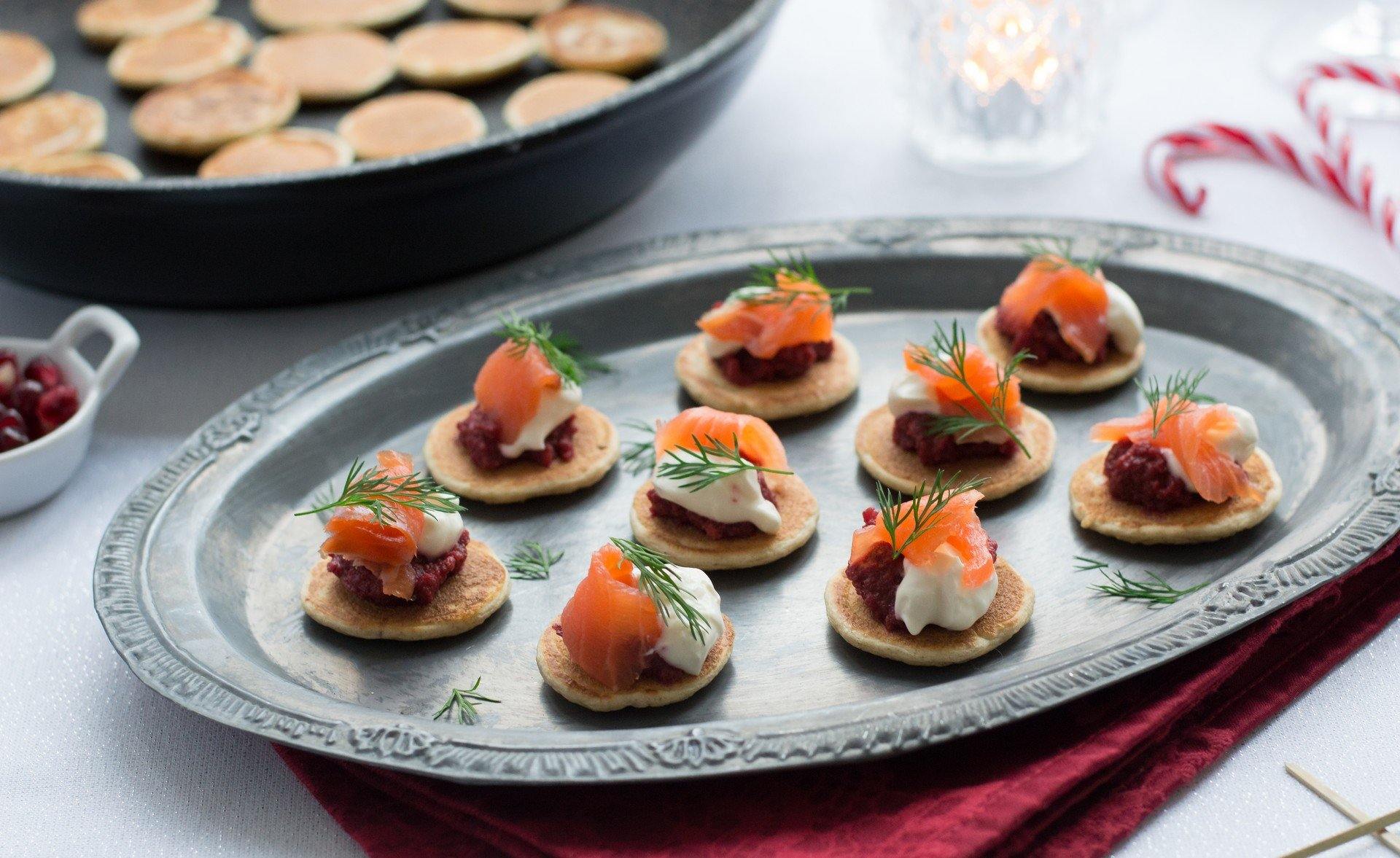 Blinis with Horseradish, Beetroot and Smoked Trout