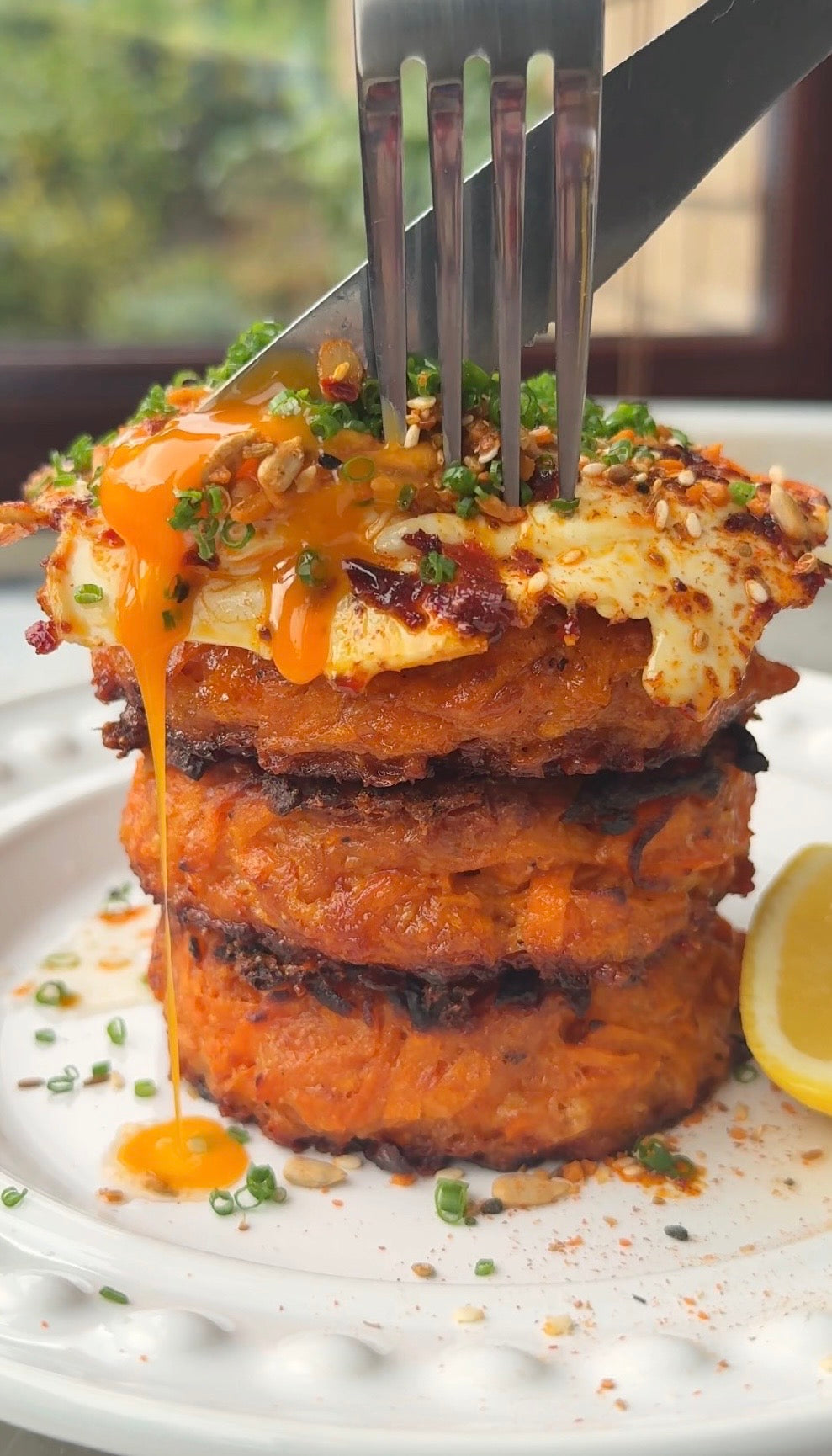 Sweet Potato & Cheddar Fritters with Harissa Fried Eggs