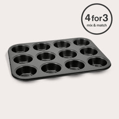 The Zyliss Non-Stick 12 Hole Muffin Pan, crafted from carbon steel, rests on a light background with a "4 for 3 mix & match" circular offer label shown in the top right corner.
