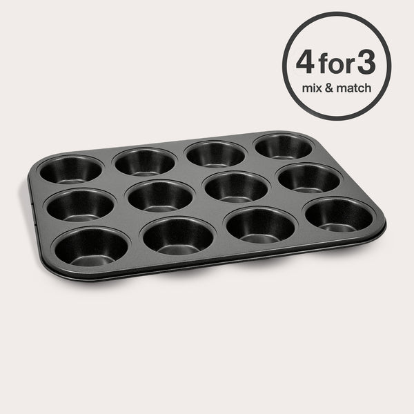 The Zyliss Non-Stick 12 Hole Muffin Pan, crafted from carbon steel, rests on a light background with a "4 for 3 mix & match" circular offer label shown in the top right corner.