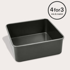 The Zyliss Non-Stick Base Square Pan 20cm/8" features high sides and PFAS-free coating for safe, easy-release baking. Shown on a light background with a "4 for 3, mix & match" circular label in the corner.