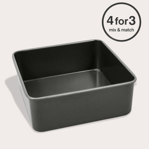 The Zyliss Non-Stick Base Square Pan 20cm/8" features high sides and PFAS-free coating for safe, easy-release baking. Shown on a light background with a "4 for 3, mix & match" circular label in the corner.
