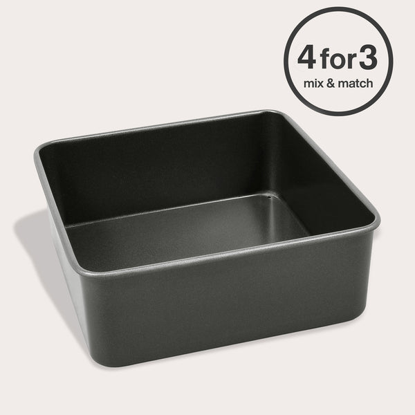 The Zyliss Non-Stick Base Square Pan 20cm/8" features high sides and PFAS-free coating for safe, easy-release baking. Shown on a light background with a "4 for 3, mix & match" circular label in the corner.