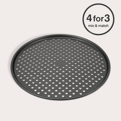 A round, black Zyliss Non-Stick Pizza Tray is displayed on a light background. In the top right corner, a circular label reads "4 for 3 mix & match—perfect for achieving a crispy pizza base every time.
