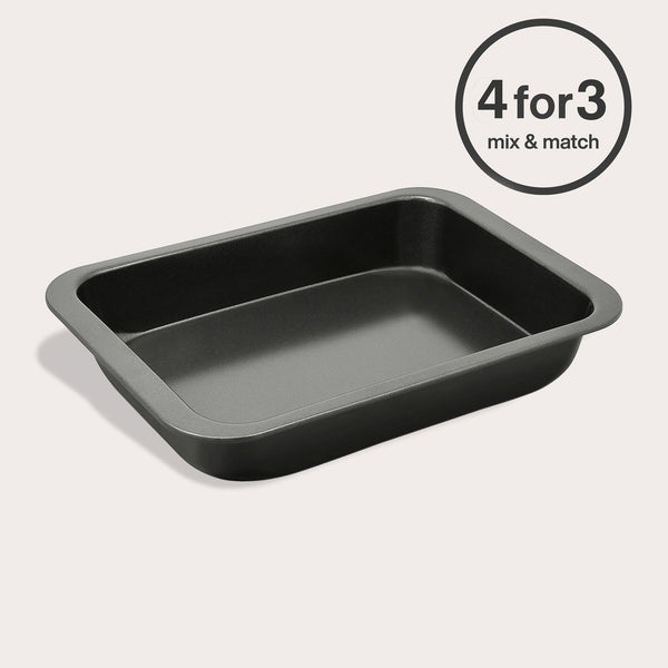 The Zyliss Non-Stick Oven Tray is black and rectangular, shown on a light background with a circular "4 for 3 mix & match" label in the top right corner.