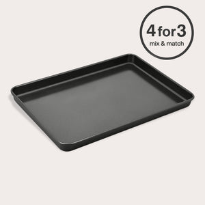 A Zyliss Non-Stick Baking Tray with raised edges is displayed on a white background. A circular label in the top right corner says "4 for 3 mix & match.