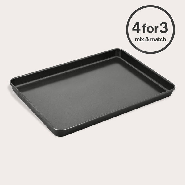 A Zyliss Non-Stick Baking Tray with raised edges is displayed on a white background. A circular label in the top right corner says "4 for 3 mix & match.