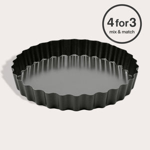 A Zyliss Non-Stick Tart Pan with a removable base is displayed on a light background, featuring a "4 for 3 Mix & Match" circular offer label in the top right corner.