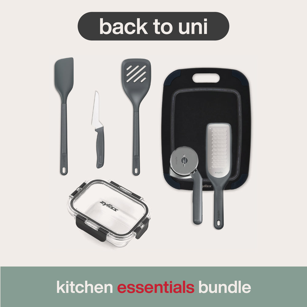 Zyliss 7-Piece Kitchen Essentials Bundle arranged neatly—includes kitchen utensils, cutting board, food container, grater, and pizza cutter—with “back to uni” at the top and “kitchen essentials bundle” at the bottom; this set features high-performance tools for every student’s cooking needs.