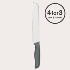 The Zyliss Bread Knife 21cm/8" with a wheat straw handle is shown upright on a light background. A circular label displays "4 for 3 mix & match" in bold black text.