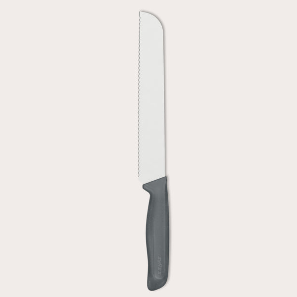 The Zyliss Bread Knife 21cm/8" features a long silver serrated stainless steel blade and a black ergonomic handle, shown against a plain light background.