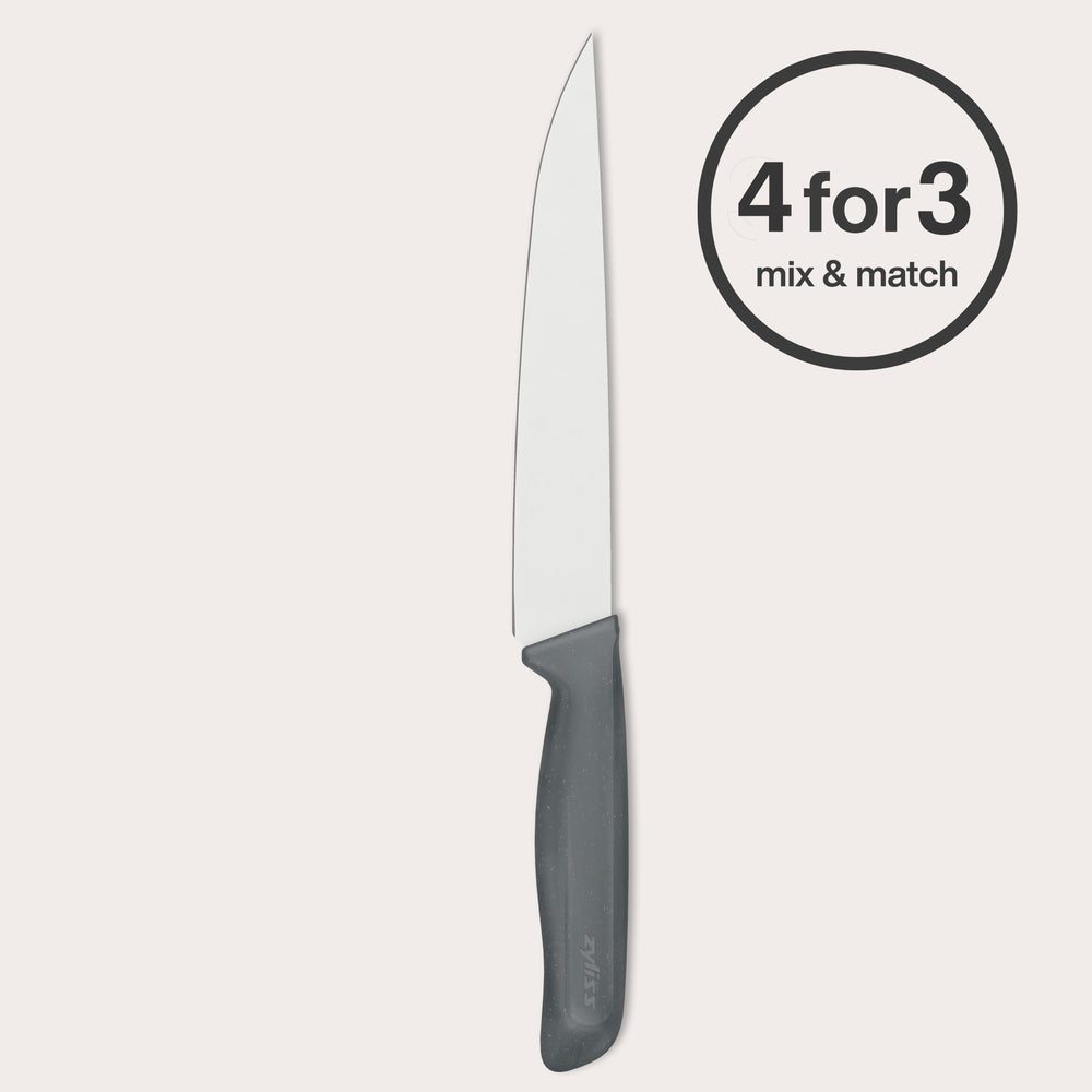 The Zyliss Large Carving Knife 19cm/7.4" features a sustainable handle and stainless steel blade, shown upright with a circular "4 for 3 mix & match" label in the top right corner.