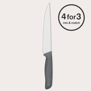 The Zyliss Large Carving Knife 19cm/7.4" features a sustainable handle and stainless steel blade, shown upright with a circular "4 for 3 mix & match" label in the top right corner.