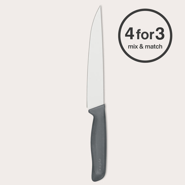 The Zyliss Large Carving Knife 19cm/7.4" features a sustainable handle and stainless steel blade, shown upright with a circular "4 for 3 mix & match" label in the top right corner.