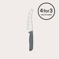The Zyliss Cheese Knife 12.7cm/5" with a stainless steel blade, black wheat straw handle, and cut-out blade holes is displayed next to a "4 for 3 mix & match" circular label on a plain light background.