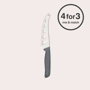 The Zyliss Cheese Knife 12.7cm/5" with a stainless steel blade, black wheat straw handle, and cut-out blade holes is displayed next to a "4 for 3 mix & match" circular label on a plain light background.