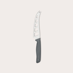 The Zyliss Cheese Knife 12.7cm/5" features a wheat straw handle and stainless steel blade with large holes and a forked tip, ideal for slicing and serving cheese, displayed against a plain white background.