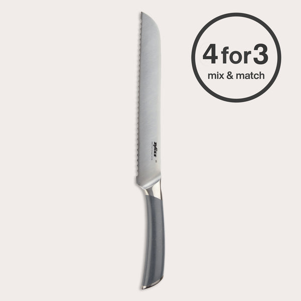 The Zyliss Comfort Pro Bread Knife 21.5cm features a German stainless steel serrated blade and sleek handle. A circular label beside it displays "4 for 3 mix & match" in bold black text.