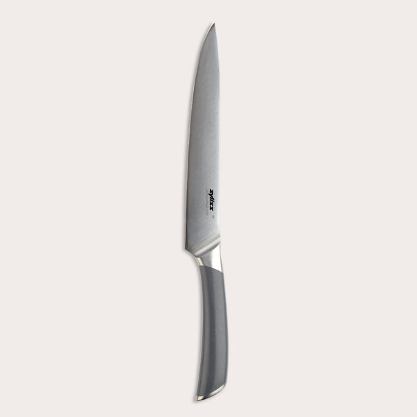 The Zyliss Comfort Pro Carving Knife 20cm/8" features a German stainless steel silver blade and an ergonomic gray and silver handle, shown vertically on a light background.