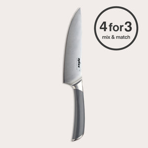 The Zyliss Comfort Pro Chef Knife 19cm / 7½" with an ergonomic handle and stainless steel blade is shown vertically on a light beige background. A “4 for 3 mix & match” badge appears in bold text at the top right.
