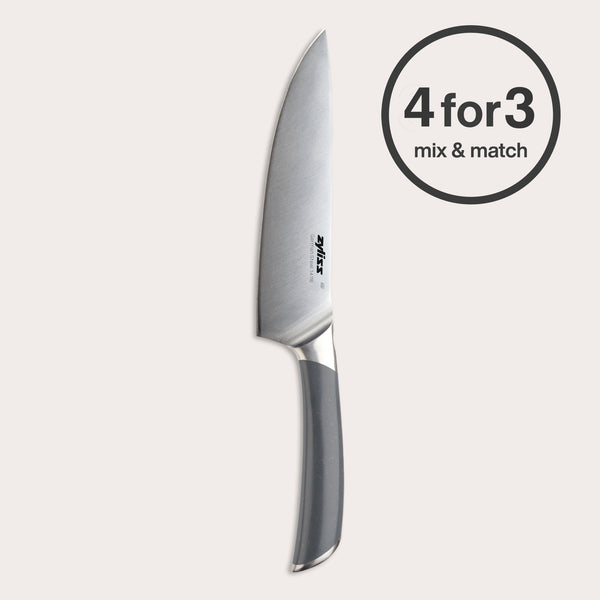 The Zyliss Comfort Pro Chef Knife 19cm / 7½" with an ergonomic handle and stainless steel blade is shown vertically on a light beige background. A “4 for 3 mix & match” badge appears in bold text at the top right.