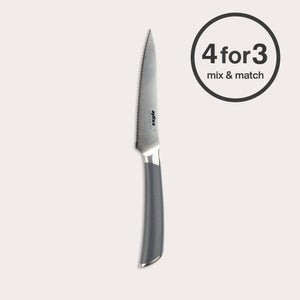 A Zyliss Comfort Pro Serrated Paring Knife 11.5cm with a gray ergonomic handle is displayed vertically. A circular label in the top right reads "4 for 3 mix & match" in bold black text.