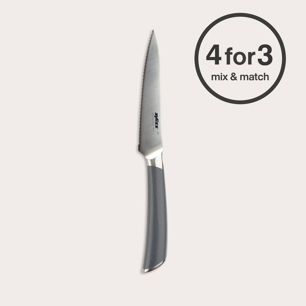 A Zyliss Comfort Pro Serrated Paring Knife 11.5cm with a gray ergonomic handle is displayed vertically. A circular label in the top right reads "4 for 3 mix & match" in bold black text.
