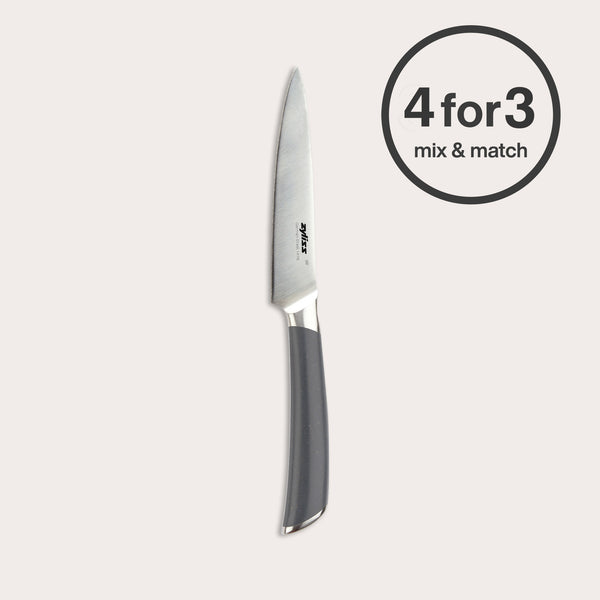 The Zyliss Comfort Pro Paring Knife 11cm / 4½" with an ergonomic gray handle stands upright on a light background. A circular label on the right displays "4 for 3 mix & match.