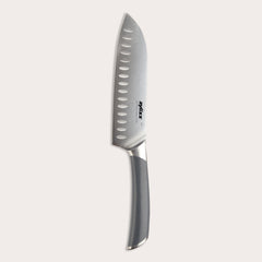 The Zyliss Comfort Pro Santoku Knife 18.5cm/7" features German stainless steel, an ergonomic gray handle, and oval blade indentations, shown on a plain light background.