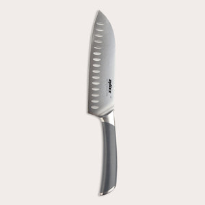 The Zyliss Comfort Pro Santoku Knife 18.5cm/7" features German stainless steel, an ergonomic gray handle, and oval blade indentations, shown on a plain light background.