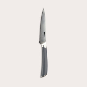 The Zyliss Comfort Pro Serrated Paring Knife 11.5cm features a German stainless steel silver blade and ergonomic gray handle, displayed against a plain light background.