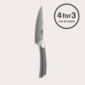 A Zyliss Comfort Pro Utility Knife 11.5cm/4½" with a gray handle is centered on a light background. A circular "4 for 3 mix & match" label appears in the top right. Made from German stainless steel for ergonomic, lasting performance.
