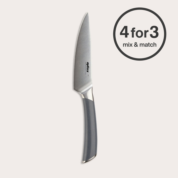 A Zyliss Comfort Pro Utility Knife 11.5cm/4½" with a gray handle is centered on a light background. A circular "4 for 3 mix & match" label appears in the top right. Made from German stainless steel for ergonomic, lasting performance.