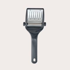 The Zyliss Dial & Slice Cheese Slicer features an adjustable black and silver handle with sharp stainless steel blades for fast slicing, and it's dishwasher safe for easy cleaning.