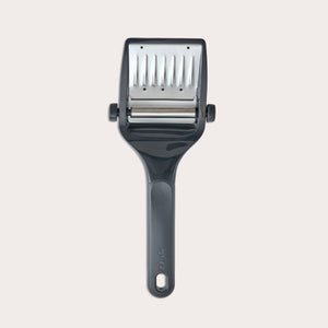 The Zyliss Dial & Slice Cheese Slicer features an adjustable black and silver handle with sharp stainless steel blades for fast slicing, and it's dishwasher safe for easy cleaning.