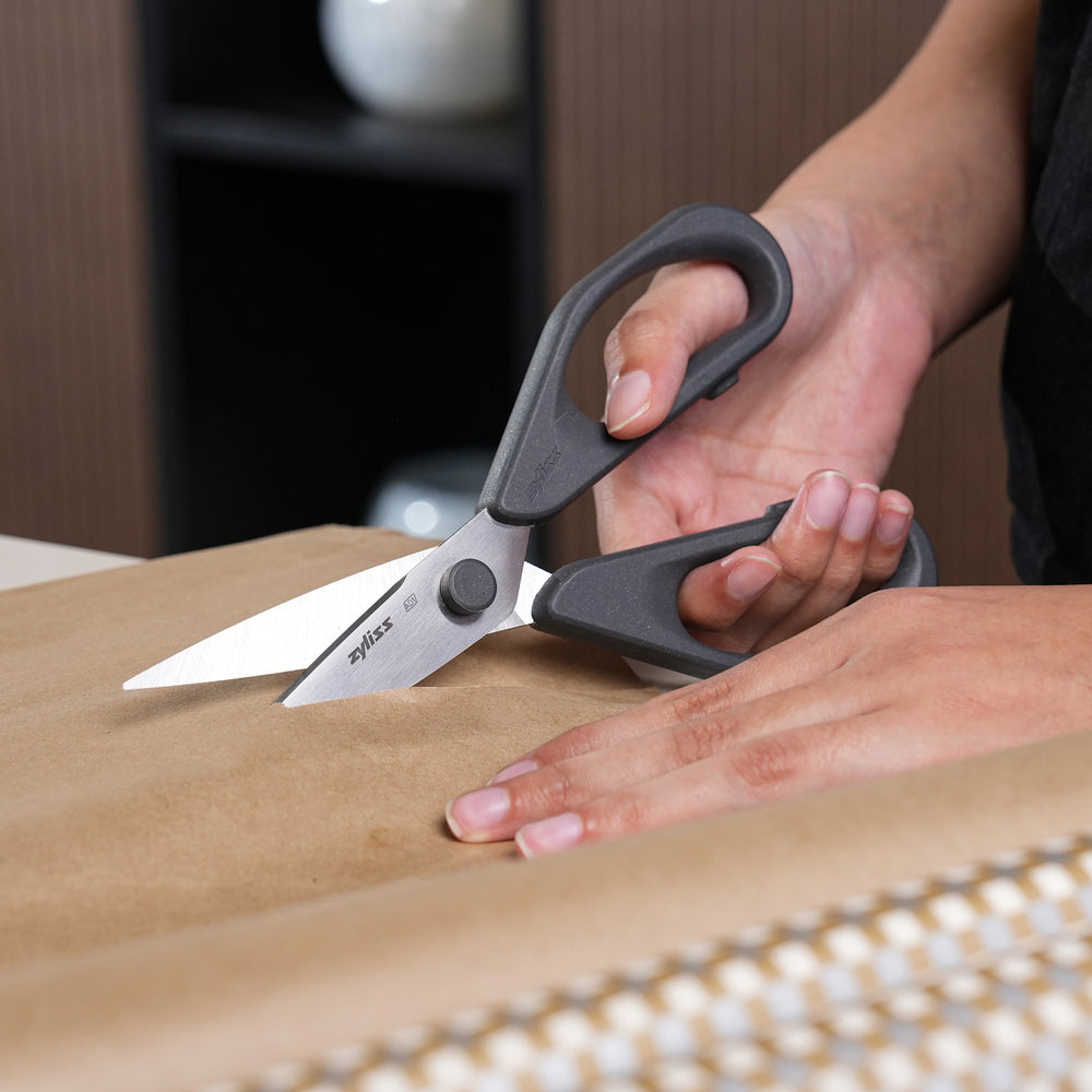 The Zyliss Household Scissors Basic features black handles and stainless steel blades, displayed on a plain white background.
