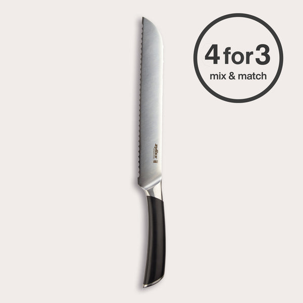 The Zyliss Comfort Pro Bread Knife 20cm/8", featuring a stainless steel serrated blade and black handle, stands vertically on a light background with a circular "4 for 3 mix & match" label beside it.
